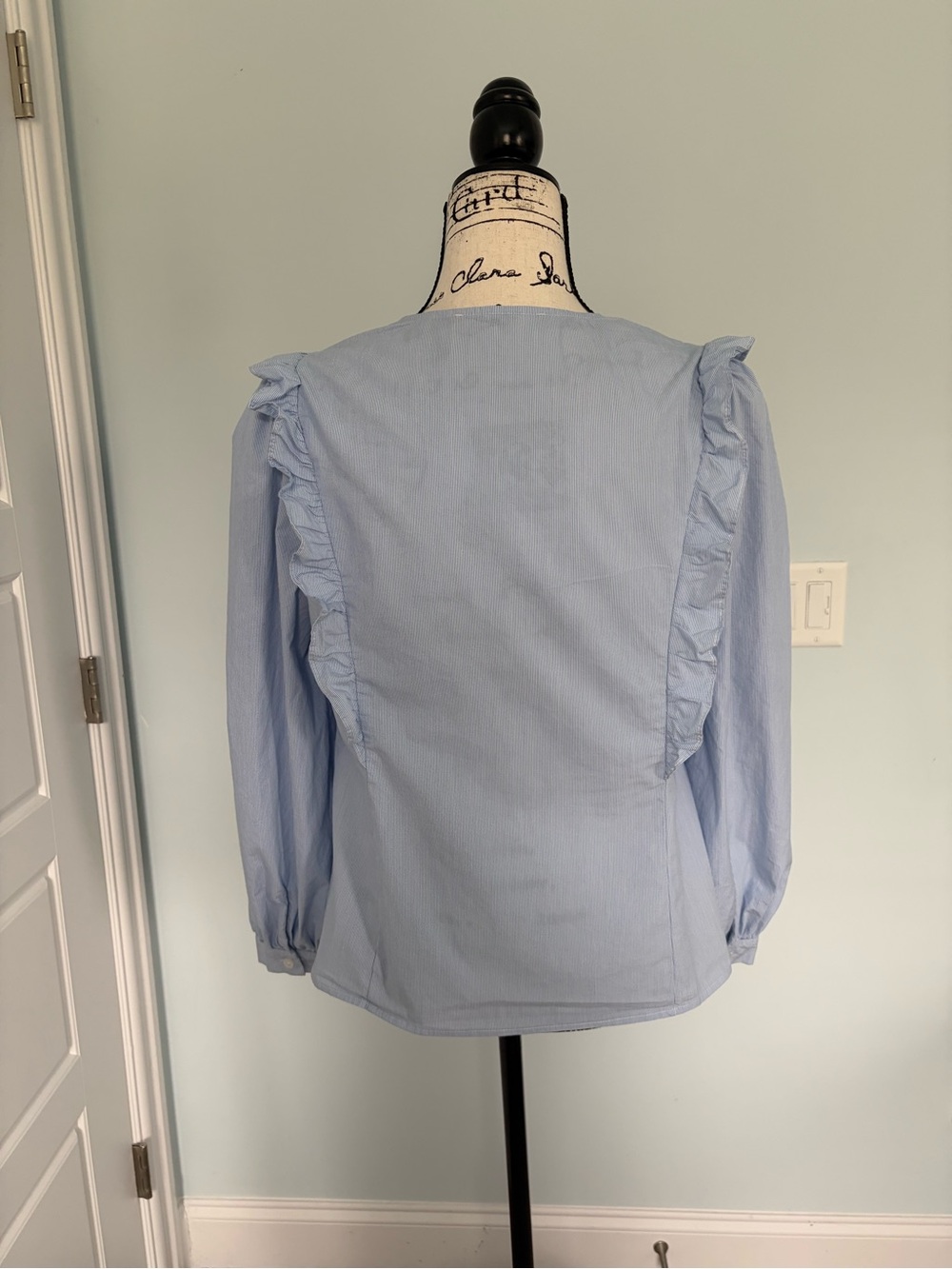 Light Blue Ruffle-Trim Button Front Blouse - Picture 4 of 8